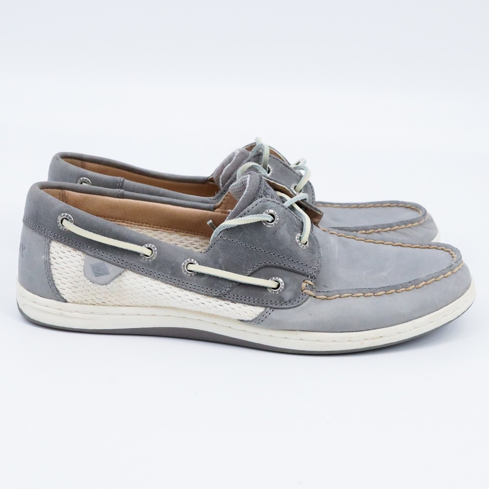 Sperry Top-Sider Koifish Gray White Leather Mesh Boat Shoes STS85813 Womens‎ 9.5